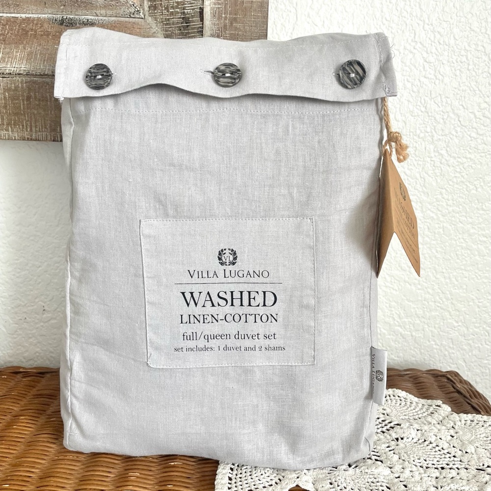 NWT Villa Lugano Washed Linen-Cotton Queen/Full Duvet + Shams Pale Gray